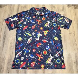 Proud 90 Golf Is Fun Men's XL Space Astronaut Graphic Stretch Polo Shirt